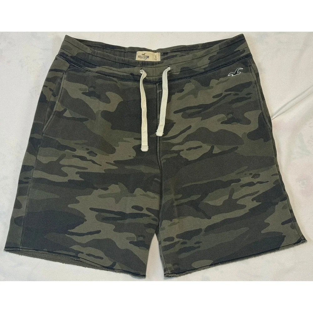 Hollister Mens Camo Fleece Sweat Shorts Green Camouflage Drawstring Small